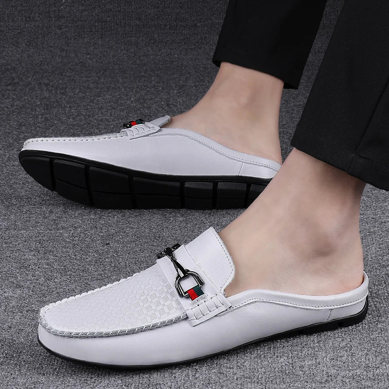 Summer Breathable Shoes Men Fashion Genuine Leather Half Shoes Slip on Moccasins Casual Italian Style Luxury Brand Half Loafers