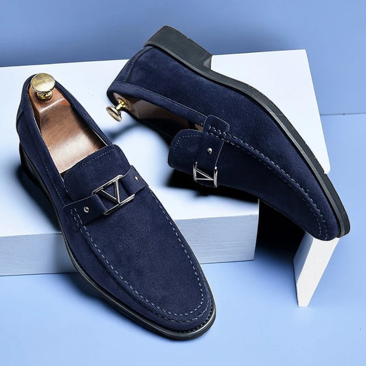 New Black Loafers Men Flock Shoes Business Blue Breathable Slip-On Solid Shoes Handmade  Size 38-48