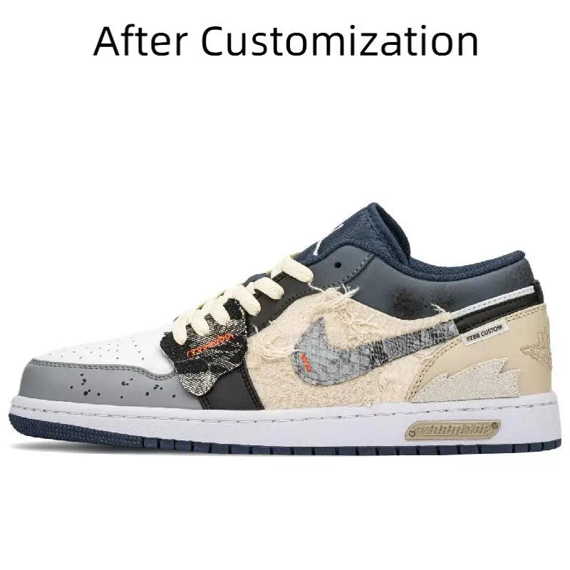 【Customize】Air Jordan 1 Vintage Basketball Shoes Men Low-top Black/beige Sneakers shoes 553558-414