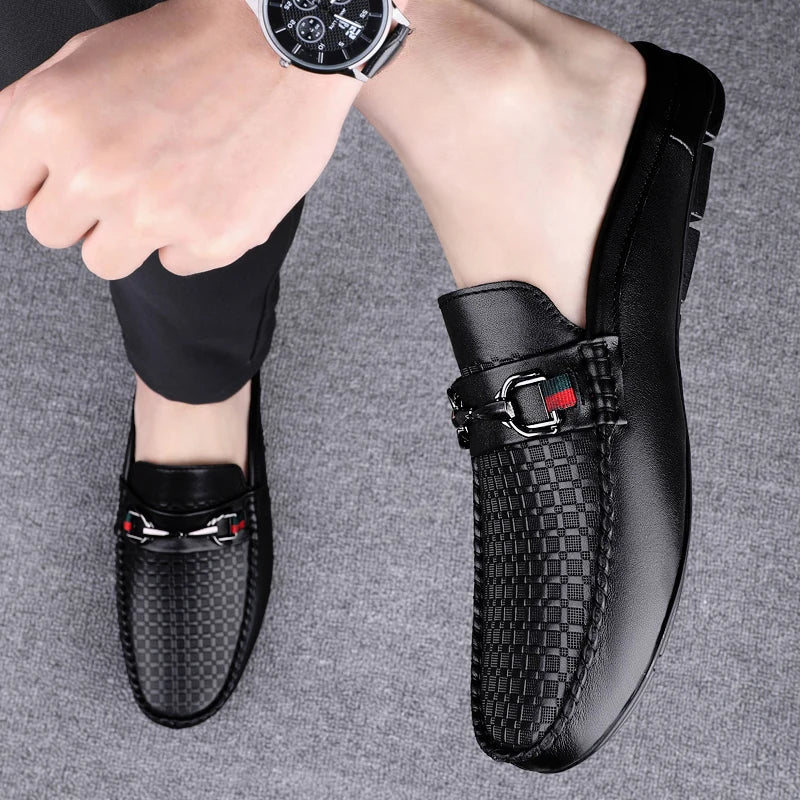 Summer Breathable Shoes Men Fashion Genuine Leather Half Shoes Slip on Moccasins Casual Italian Style Luxury Brand Half Loafers