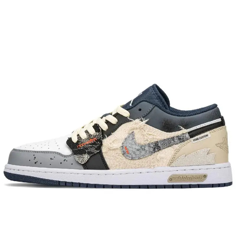 【Customize】Air Jordan 1 Vintage Basketball Shoes Men Low-top Black/beige Sneakers shoes 553558-414