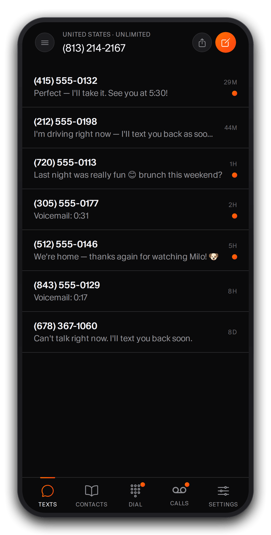 Ghost app Messages inbox on a private temporary phone number