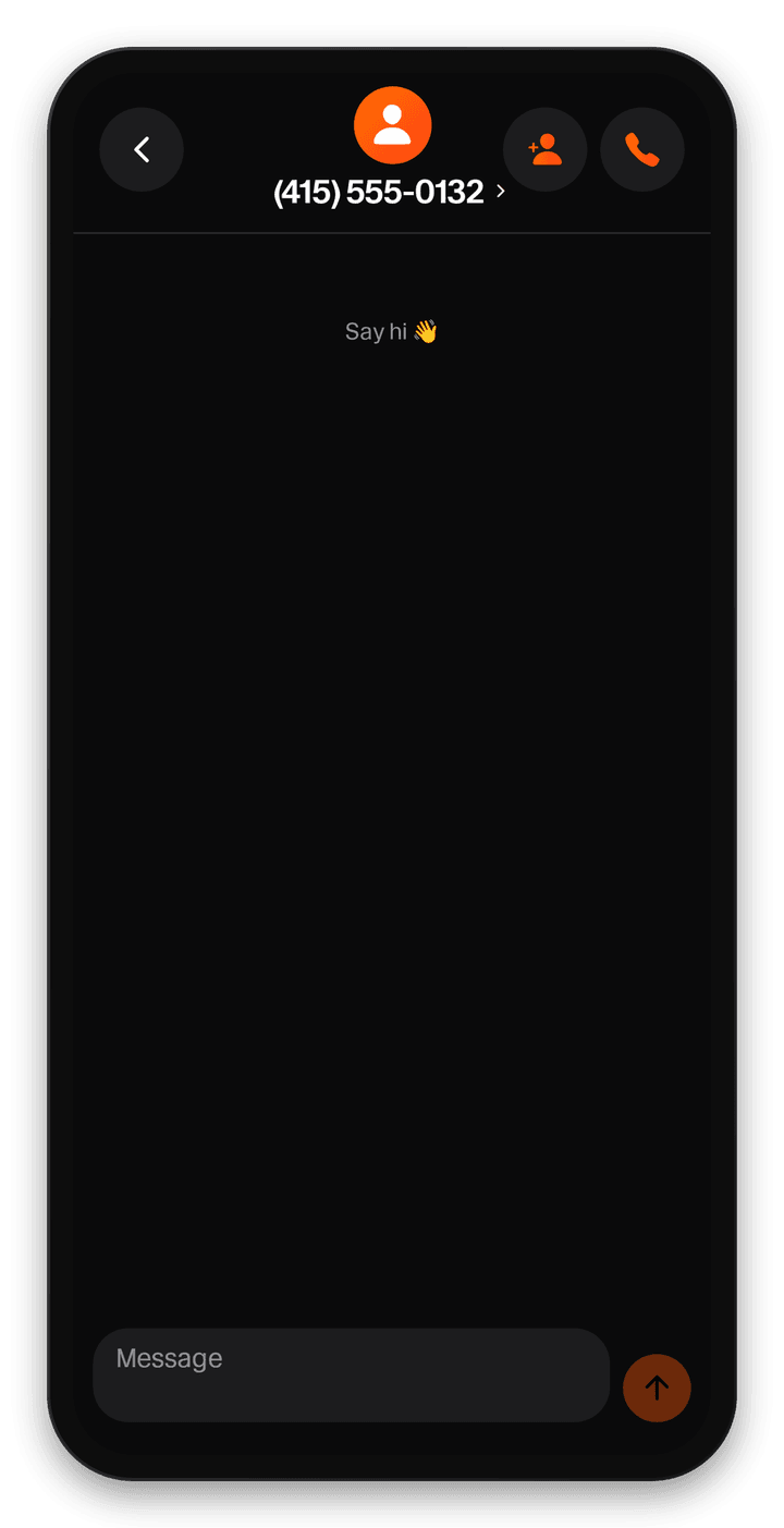 Ghost app conversation with an unsaved number and a one-tap add-contact button